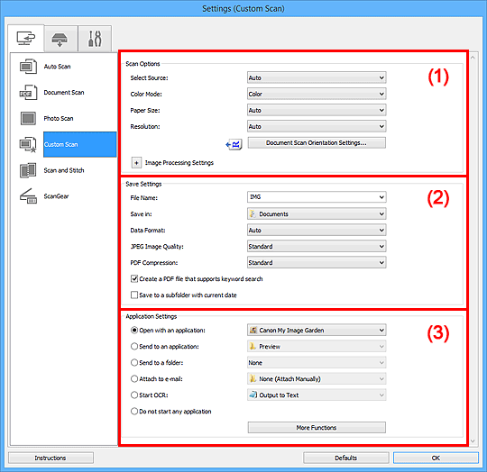 Canon PIXMA Manuals MX490 series Settings (Custom Scan) Dialog Box